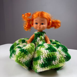 Vintage 70's - 80's Doll with Orange Hair and Green & White Crocheted Dress